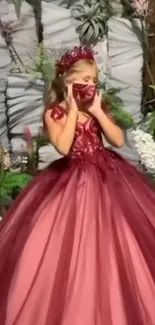 Young girl in a burgundy gown with a floral backdrop.