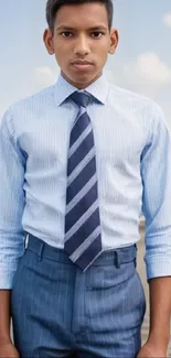 Young man in business attire on a serene beach setting.