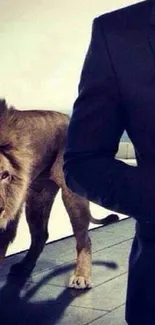 Elegant businessman in navy suit with lion by side.