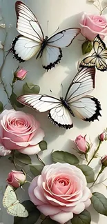 Elegant wallpaper with butterflies and roses in soft pink tones.