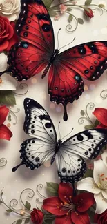 Red and white butterflies among vibrant flowers in artistic wallpaper.