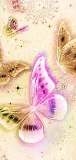 Elegant butterflies with soft pink and beige tones on a mobile wallpaper.