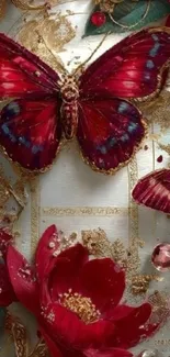 Red and gold butterfly on elegant floral background.