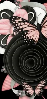 Elegant floral and butterfly mobile wallpaper with pastel and black tones.