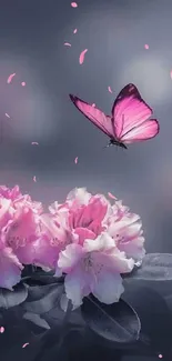 Pink butterfly flying over vibrant flowers.