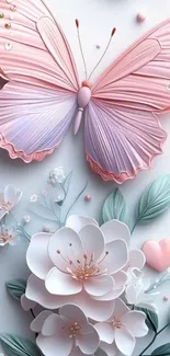 Pink butterfly with floral design wallpaper.