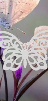 Intricate butterfly with purple floral background.