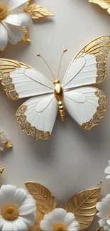 Elegant butterfly with gold accents among flowers.