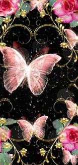 Elegant pink butterflies and roses on a black ornate background.