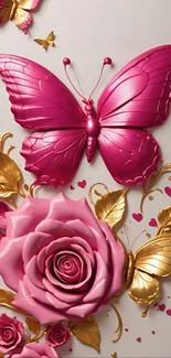 Vibrant pink butterfly and rose with gold leaves on wallpaper.