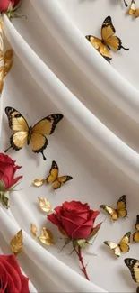 Elegant wallpaper with red roses and golden butterflies on white.