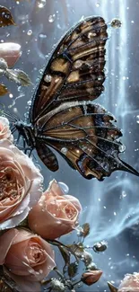 Butterfly perching on roses with waterfall in the background.