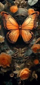 Orange butterfly surrounded by roses and leaves.