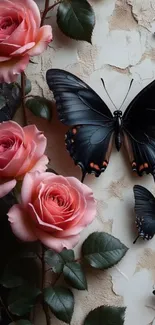 Elegant black butterflies and vibrant pink roses on a wall background.