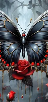 Intricate butterfly with roses wallpaper art in dark tones.