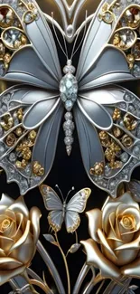 Luxurious butterfly and rose design with gold and silver details.