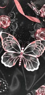 Elegant butterfly and roses on a black satin background.