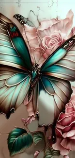 Elegant butterfly perched on roses, vibrant and artistic design.