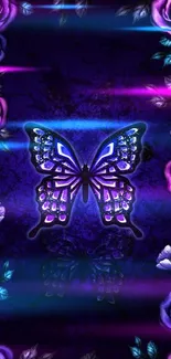 Purple butterfly surrounded by roses on wallpaper.