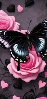 Black butterfly on pink roses with hearts.