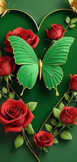 Green butterfly on red roses with heart background.