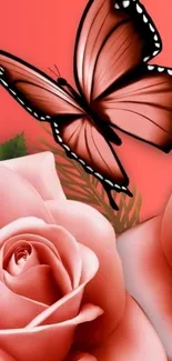 Graceful butterfly with pink roses wallpaper.