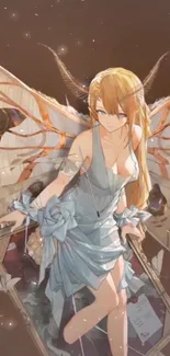 Anime character with butterfly wings in elegant dress.