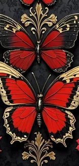 Elegant red butterfly wallpaper with intricate details.