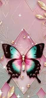 Elegant butterfly with geometric pastel background design.