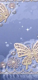 Elegant wallpaper featuring intricate butterflies on a soft blue background.