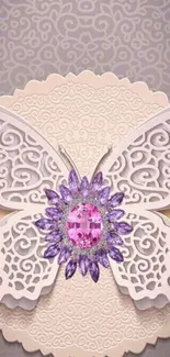 Elegant butterfly with lace patterns and purple gemstone.