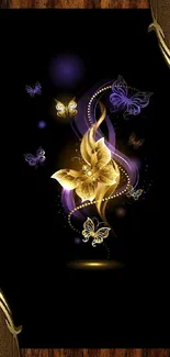 Artistic wallpaper with golden butterflies on a dark background.