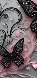 Elegant wallpaper with black butterflies on pink background.