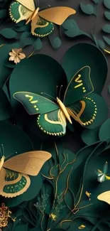 Elegant butterfly art wallpaper in dark green and gold tones.