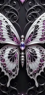 Intricate metallic butterfly with purple jewels.