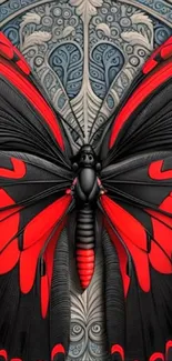 Intricate butterfly with red and black wings on ornate design