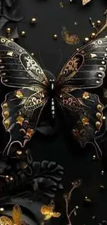 Intricate gold and black butterfly on decorative background.