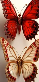 Red and gold butterflies with intricate designs on a mobile wallpaper.