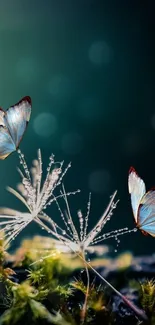 Elegant blue butterflies on dandelion seeds with a dark green background.