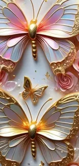 Golden butterflies with pink roses design wallpaper.