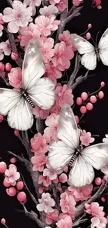 White butterflies and pink flowers on black background.