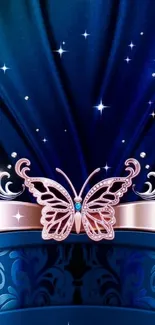 Elegant blue wallpaper with butterfly design.