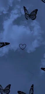 Blue wallpaper with butterflies and a heart in a cloudy sky.