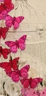 Pink butterflies decorate a white cage in an elegant design.