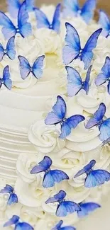 Beautiful white cake with blue butterflies for wallpaper.