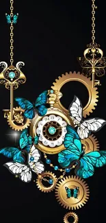 Elegant wallpaper with blue butterflies, golden clock, and gears on a dark background.