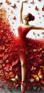 Ballerina in a red dress surrounded by butterflies, creating a stunning visual art.