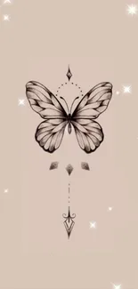 Elegant butterfly design on beige background with star accents.