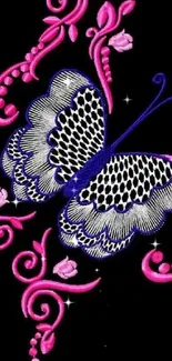 Elegant butterfly and floral design on a black background.