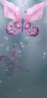 Pink butterflies on a teal background, creating a fantasy-themed mobile wallpaper.